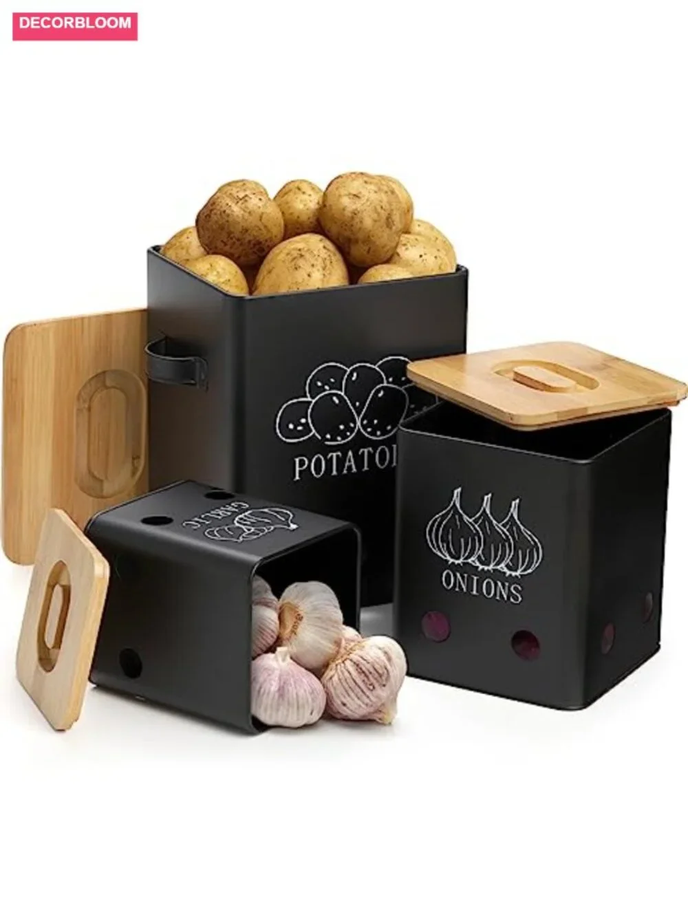 3 Pack Vegetable Storage Tins with Bamboo Lids, Potato Onion Garlic Canisters,